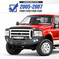 YZONA Full Width Front Bumper Compatible with F250-F450 2005-2007, 4x18W LED Light Bar, Winch Plate, Sensor Holes, 4.3t Load Rated Heavy D-Rings