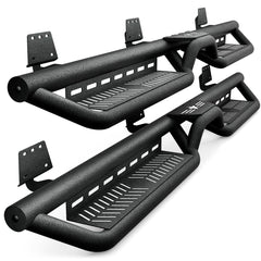 【Yzona】Crew Cab Running Boards Side Steps - Heavy Duty Carbon Steel Dual Layer Nerf Bars, Bolt-On Step Rails with 2 Stairs, Star Logo Black, Compatible with 2019-2026 Dodge Ram 1500 New Body Design, Enhance Traction & Easy Access to Roof