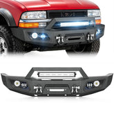 YZONA Steel Front Bumpers Compatible with 1994-2004 Chevy S10 1995-2005 Blazer 5 LED Lights, Winch Plate, Skid Plate, Light Bar Bracket, License Plate Bracket & D-ring, Automotive Replacement Bumper