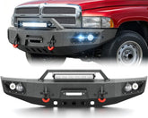 【YZONA】Steel Front Bumper Compatible with 1994-2001 Dodge Ram 1500, 1994-2002 Dodge Ram 2500 3500 5 LED Lights, Winch Plate, License Bracket, Sensor Holes & Heavy Recovery D-Rings Black