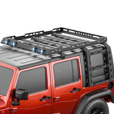【Yzona】1 Set Hard Top Roof Rack Cargo Basket with 2 Side Ladders, 4 18W LED Lights, Aerodynamic & Streamlined Front-End Design, 62x12x6 Inches Rooftop Luggage Holder, Compatible with 2007-2018 Jeep Wrangler JK JKU Unlimited 4 Doors Hardtop, 2 X Side Ladde