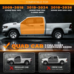 【Yzona】Quad Cab Running Board Side Step Compatible for 2009-2018 Dodge Ram 1500 (Included 2019-2024 1500 Classic), 2010-2026 Ram 2500 3500 Double/Extended Cab, Two Stair Rail Nerf Bar Star Logo, 2 Side Bars, 6-Inch Drop-Down Step Pads, Carbon Steel