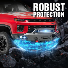 【YZONA】Front Bumper Compatible with Chevy Silverado 2500HD 3500HD 2020-2023 Winch, Winch Plate, Winch D-Rings, 5 LED Lights, Sensor Holes, License Frame