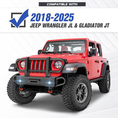 【Yzona】Carbon Steel Front Bumper with Grille Guard, Corrosion Resistance for 2018-2025 Gladiator JT, Automotive Car Accessories, Bolt-On Off-Road Auto Parts, Winch Plate, 2pcs 18W High-Brightness LED Lights, 2pcs 3/4"-D-Rings
