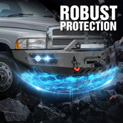 【YZONA】Steel Front Bumper Compatible with 1994-2001 Dodge Ram 1500, 1994-2002 Dodge Ram 2500 3500 5 LED Lights, Winch Plate, License Bracket, Sensor Holes & Heavy Recovery D-Rings Black
