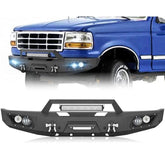 Steel Front Bumper Crash Guard Replacement for Ford F150-F450 1992-1997 Vehicle, Black with Integrated Winch Plate, 120W Spotlight, License Plate Frame, Sensor Mounting Holes, D-Rings, Car Accessories