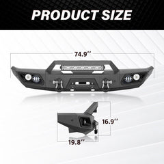 【YZONA】Full Width Front Bumper Compatible with Chevy C/K 1500 2500 1988-1998, 4x18W LED Lights, Heavy 4.3 Ton Rated Steel D-Rings, Wide Full Width Protective Bumper