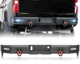 Rear Bumper Compatible with Chevy Silverado/GMC Sierra 2500 3500 2020-2023, 2x18W LED Lights, Sensor Holes, Built-In Step & Offroad Steel D-Rings Black