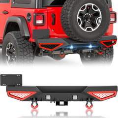 【YZONA】Rear Bumper Compatible with 2018 2019 2020 2021 2022 2023 2024 2025 Jeep Wrangler JL JLU Unlimited with LED Lights, Paintable Decor, License Plate Frame, Hitch Receiver & D-rings