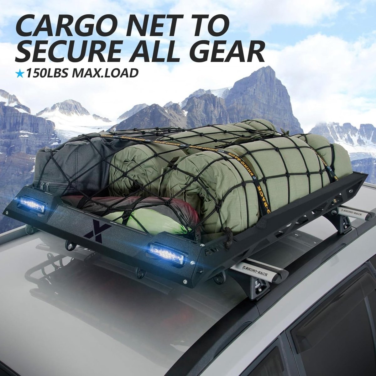 55"x41" Roof Racks & Cargo Carriers Basket with 2 Pcs LED Light Bars & Net | Yzona