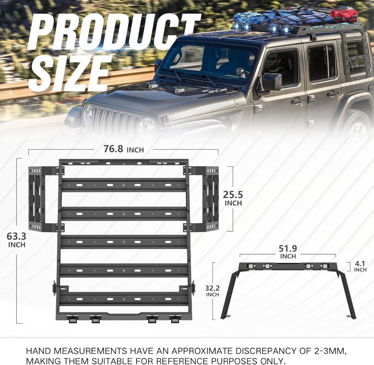 Apex Deluxe Steel Roof Cargo Basket with Lights & Wind Fairing for 2018-2025 Jeep Wrangler JL JLU Unlimited | Yzona