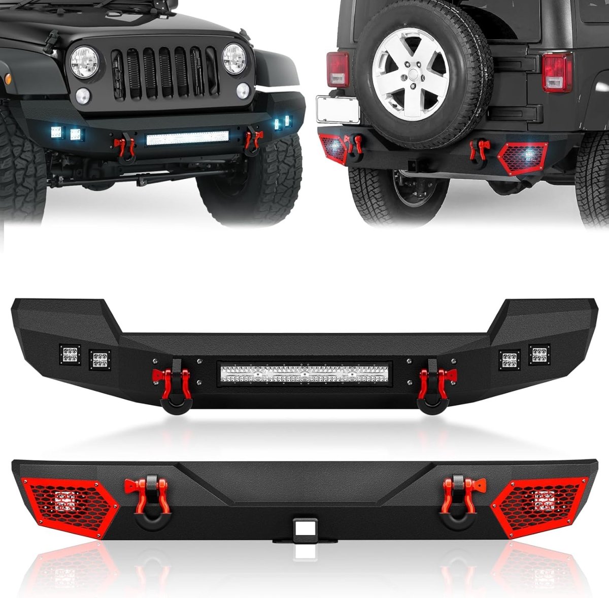 Full Width Front Bumper and Rear Bumper Compatible with 2007-2018 Jeep Wrangler JK JKU Unlimited (2/4 Doors)| Yzona