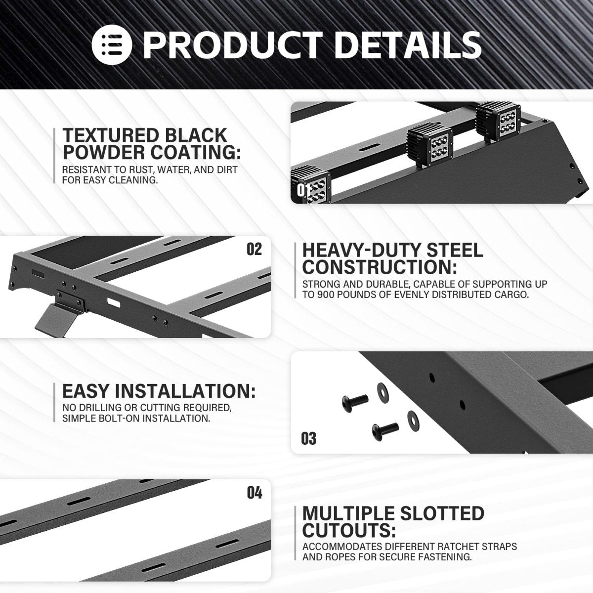 4 LED Lights Roof Rack Cargo Basket Compatible with 2021-2025 Ford Bronco Hardtop 4-Door | Yzona