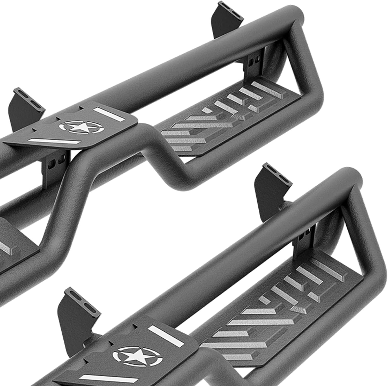 CrewMax Cab Running Boards Side Steps Compatible with 2007-2021 Toyota Tundra Crew Max Cab, Two Stair Drop Design Style Black Truck Side Rails Nerf Bars (Carbon Steel, Black Powder Coated, Star)