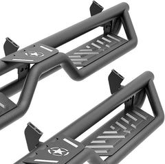 CrewMax Cab Running Boards Side Steps Compatible with 2007-2021 Toyota Tundra Crew Max Cab, Two Stair Drop Design Style Black Truck Side Rails Nerf Bars (Carbon Steel, Black Powder Coated, Star)