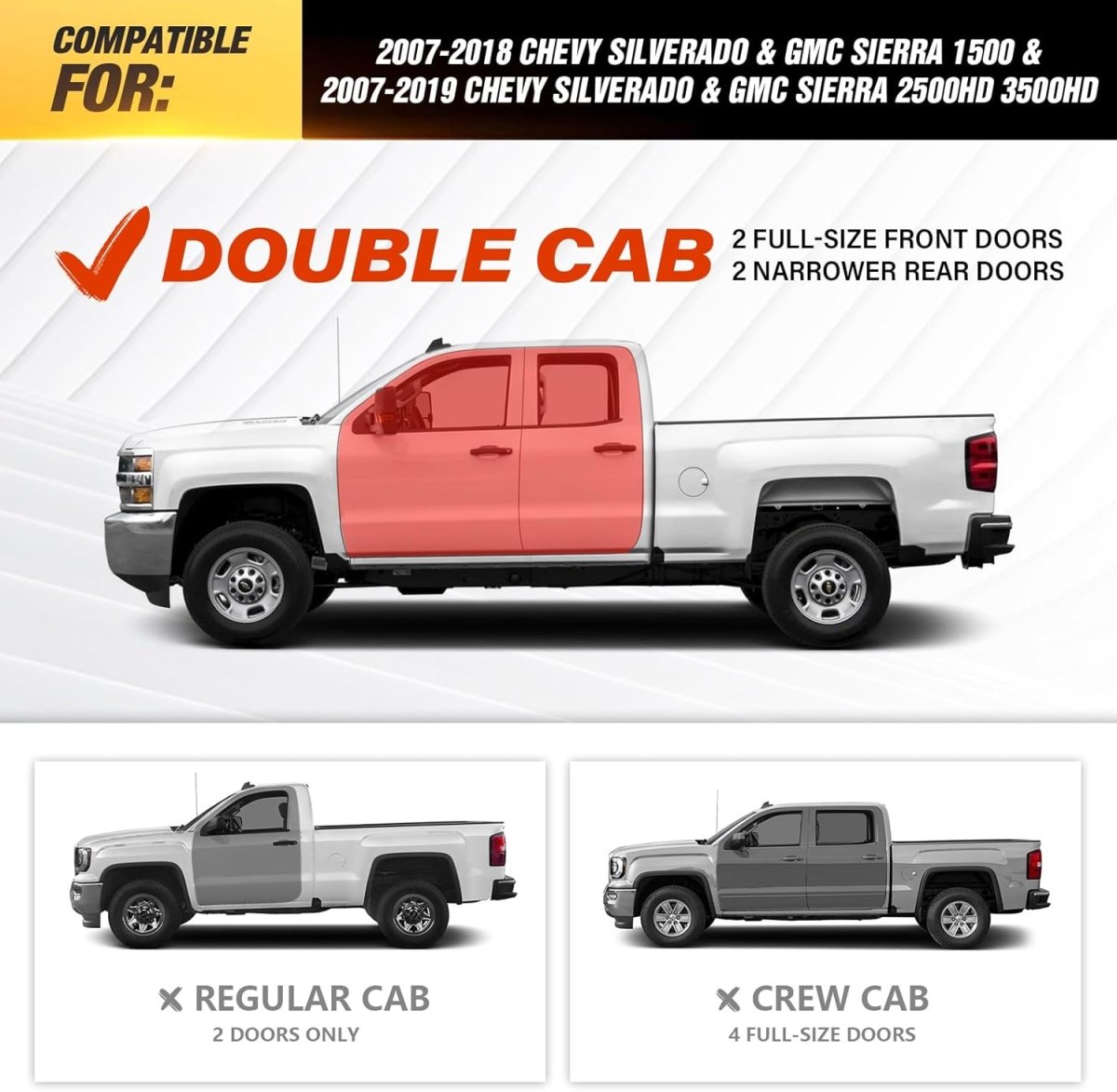 2007-2018 Chevy Silverado & GMC Sierra 1500, 2007-2019 Chevrolet Silverado & GMC Sierra 2500 3500 HD Extended Cab | Yzona