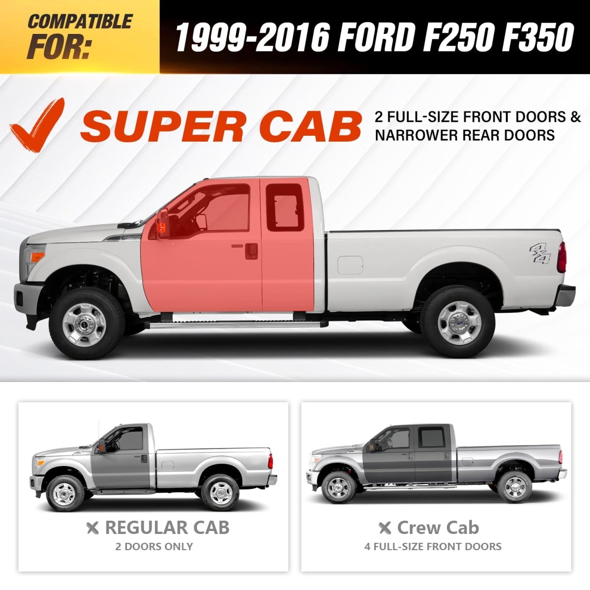 Running Boards for F250 Compatible with 1999-2016 Ford F250 F350 Super Cab Side Steps - Yzona