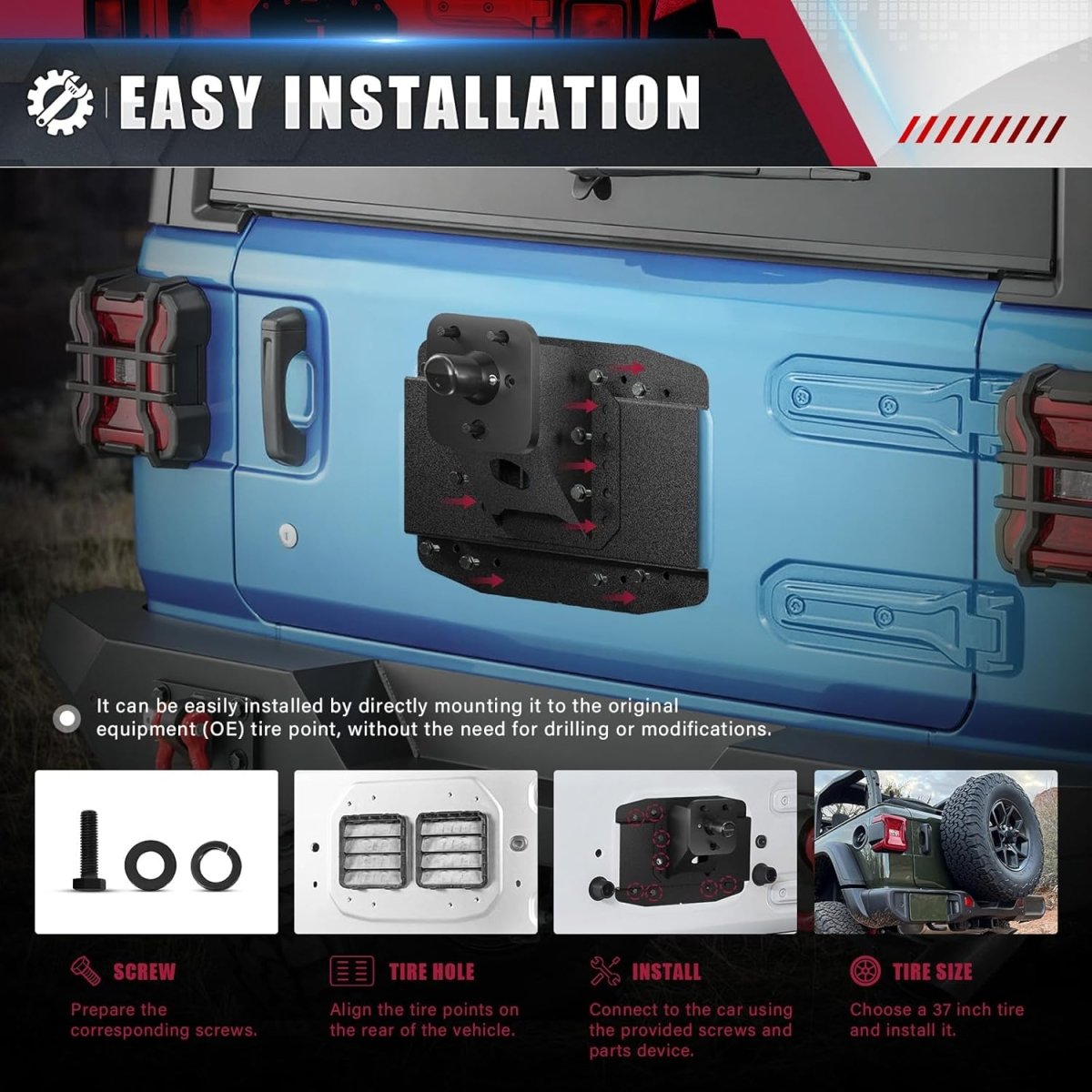 Adjustable Spare Tire Carrier Compatible with 2018-2025 Jeep Wrangler JL JLU