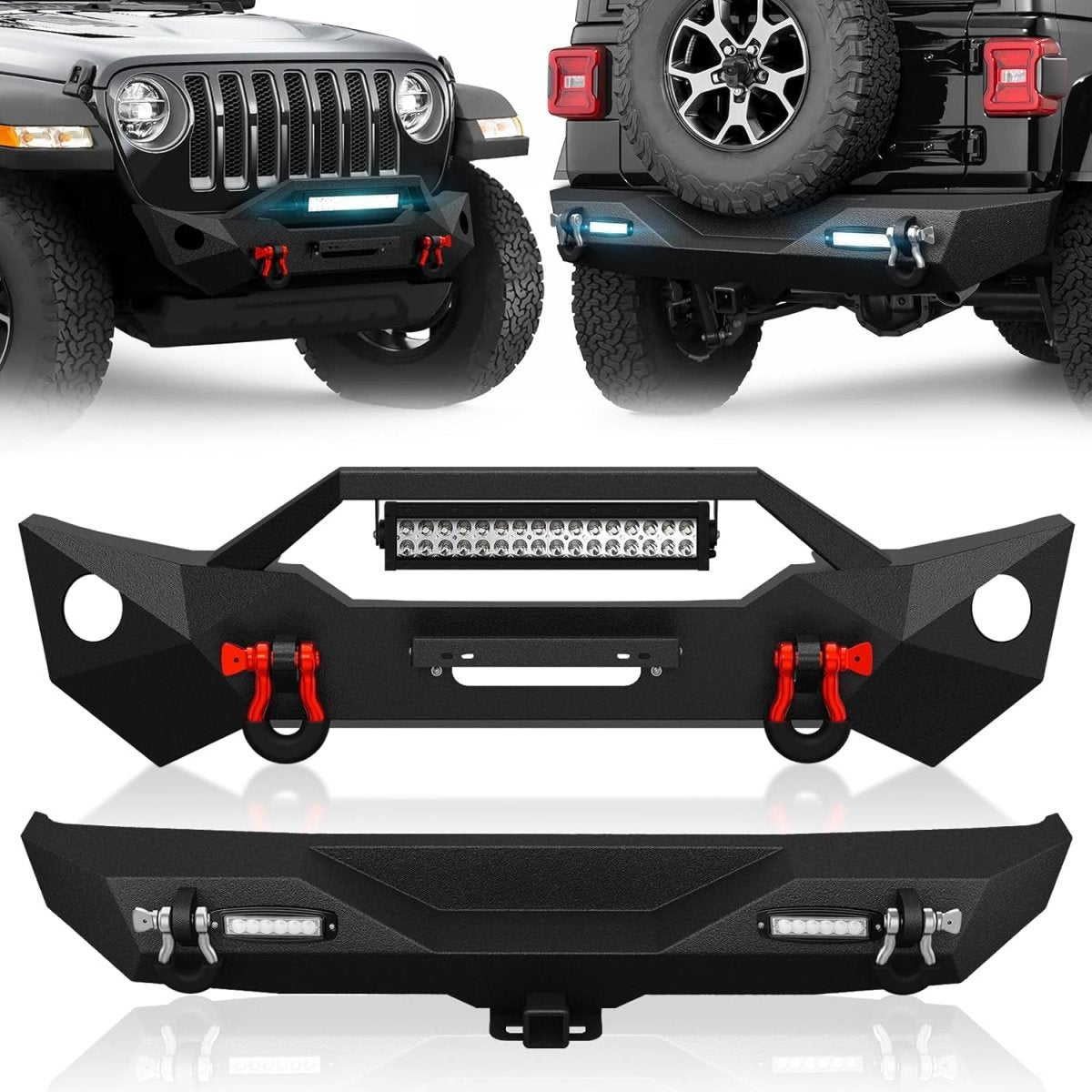 for Front & Rear Jeep JK Steel Bumpers Compatible with 2018-2024 Jeep Wrangler JL JLU Unlimited w/Winch Plate | Yzona