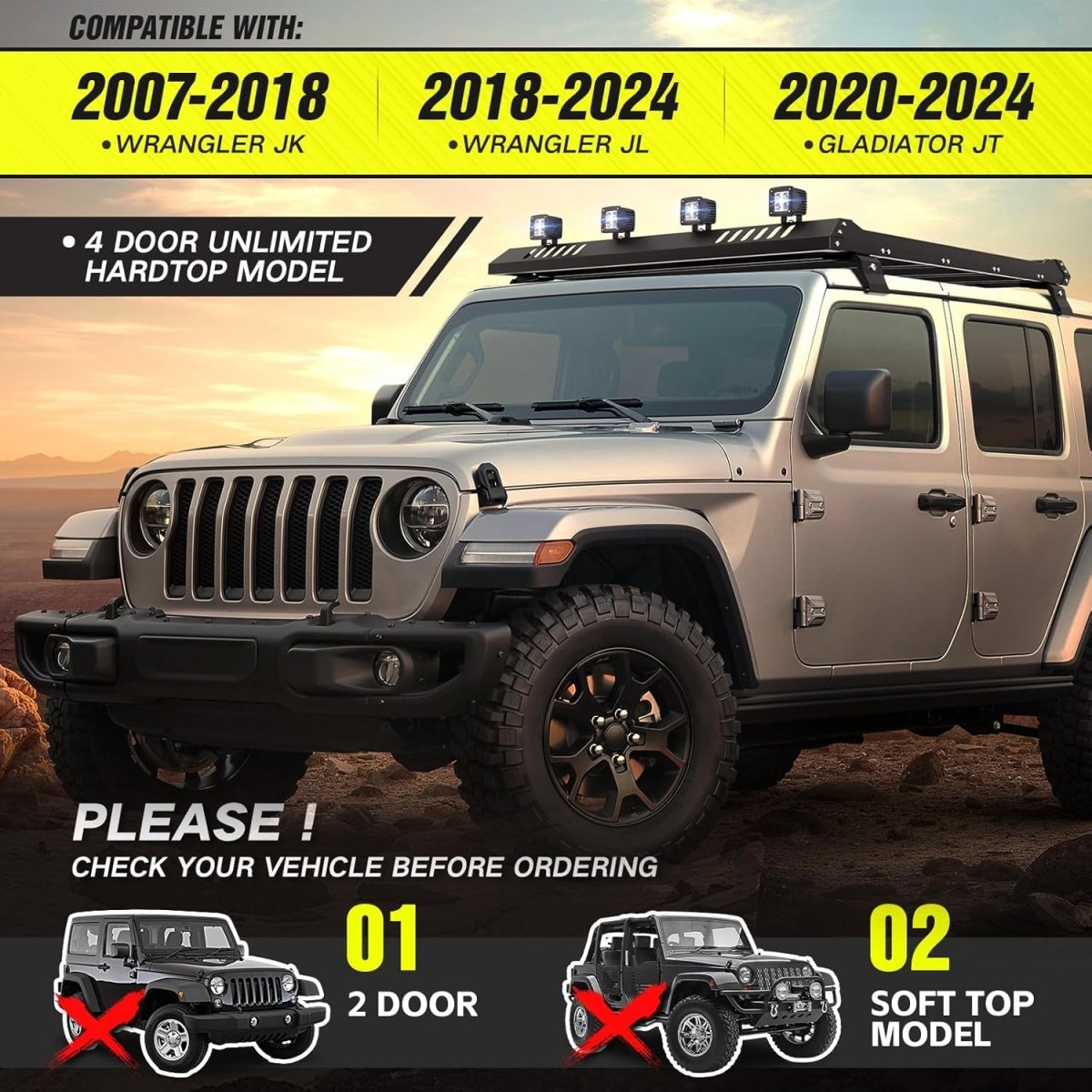 Roof Cargo Carrier Luggage Rack for Jeep Wrangler JK JL Unlimited & Gladiator JT 4 Doors Hardtop(07-24) | Yzona
