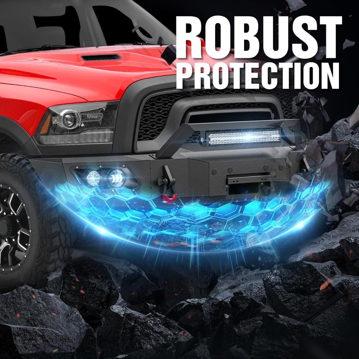 Off-Road Front Bumpers Auto Parts for 2015-2018 Dodge Ram 1500 Rebel Equipped with 5 x LED Lights | Yzona
