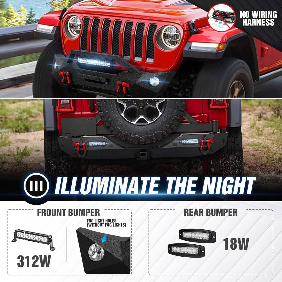 Aftermarket Front & Rear Bumper for 2018-2024 Jeep Wrangler JL JLU w/Sensor Holes | Yzona