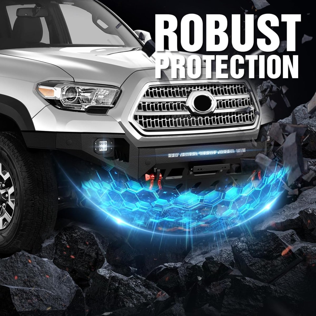 for Toyota Tacoma Front Bumpers Compatible with 2016-2023 Toyota Tacoma 3rd Gen Equipped with 3 x LED Lights | Yzona