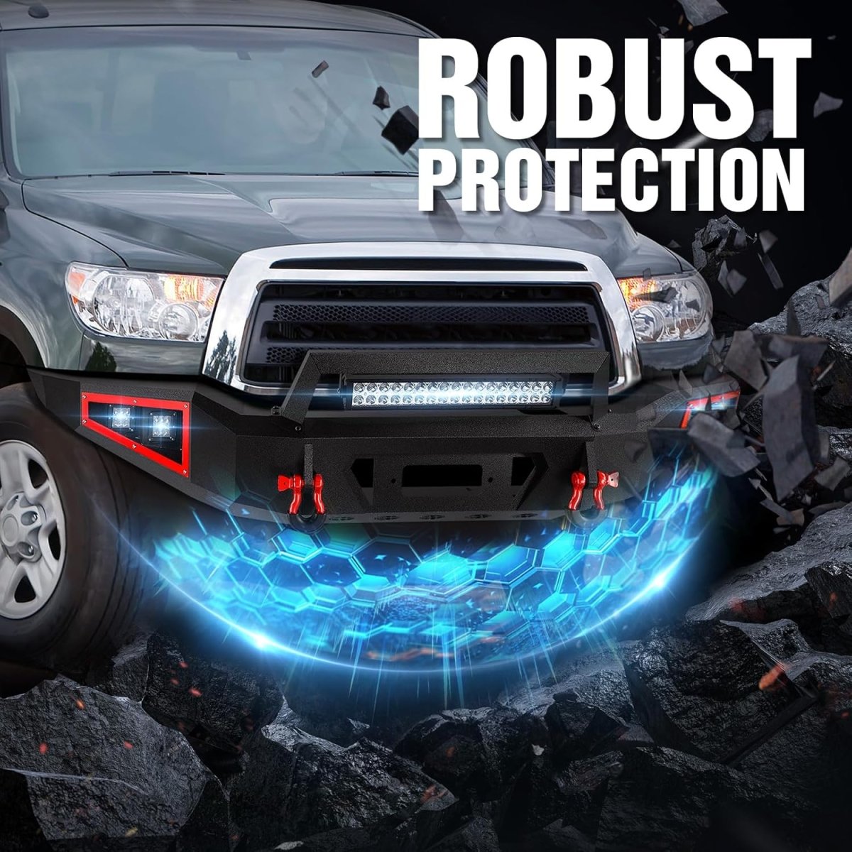 Full Width Replacement Front Bumpers Compatible with 2007-2013 Toyota Tundra Rock Crawler w/5 x LED Lights | Yzona