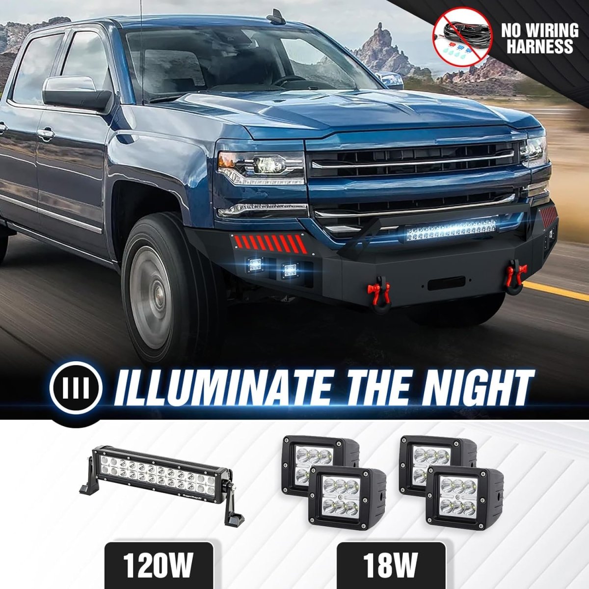 Pickup Front Replacement Bumpers for 2016-2018 Chevrolet Chevy Silverado 1500 Equipped with 5 x LED Lights | Yzona