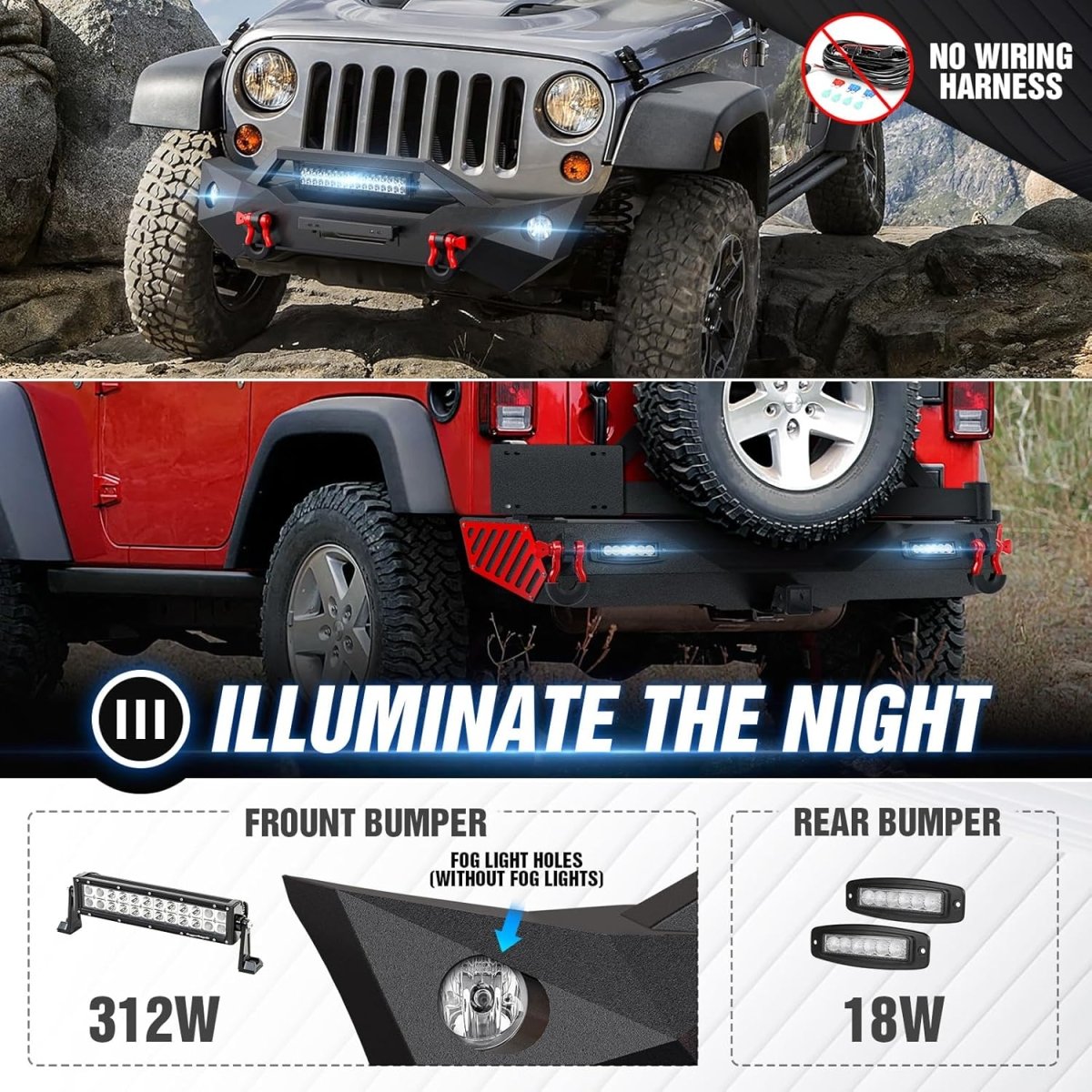 for 2015 Jeep JK Bumpers Compatible with 2007-2018 Jeep Wrangler JK JKU w/Paintable Armor | Yzona