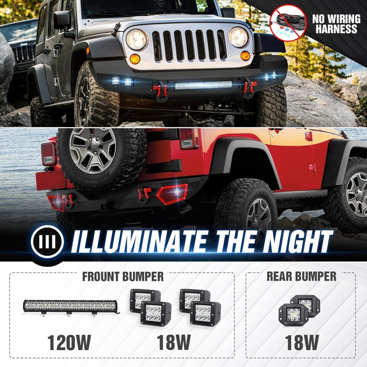 Full Width Front Bumper and Rear Bumper Compatible with 2007-2018 Jeep Wrangler JK JKU Unlimited (2/4 Doors)| Yzona