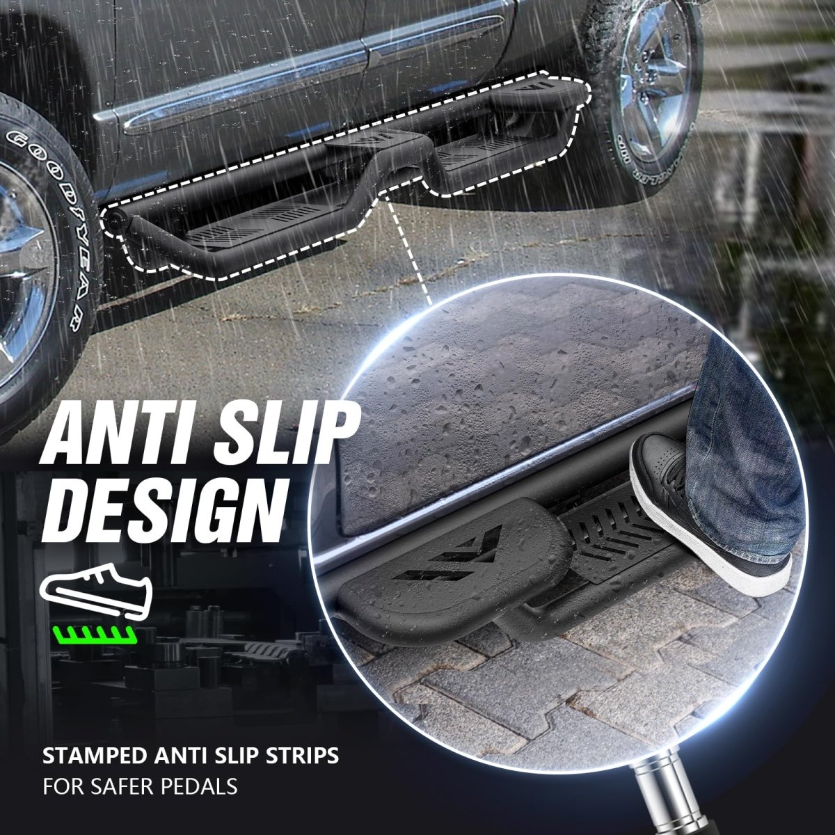 Two Raised Steps Quad Cab Nerf Bar Running Boards Compatible for 2002-2008 Dodge Ram 1500 | 2003-2009 Ram 2500 3500 | Yzona