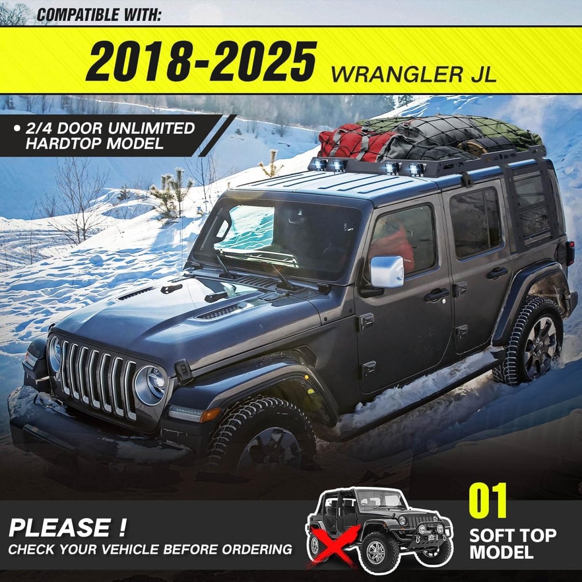 Apex Deluxe Steel Roof Cargo Basket with Lights & Wind Fairing for 2018-2025 Jeep Wrangler JL JLU Unlimited | Yzona