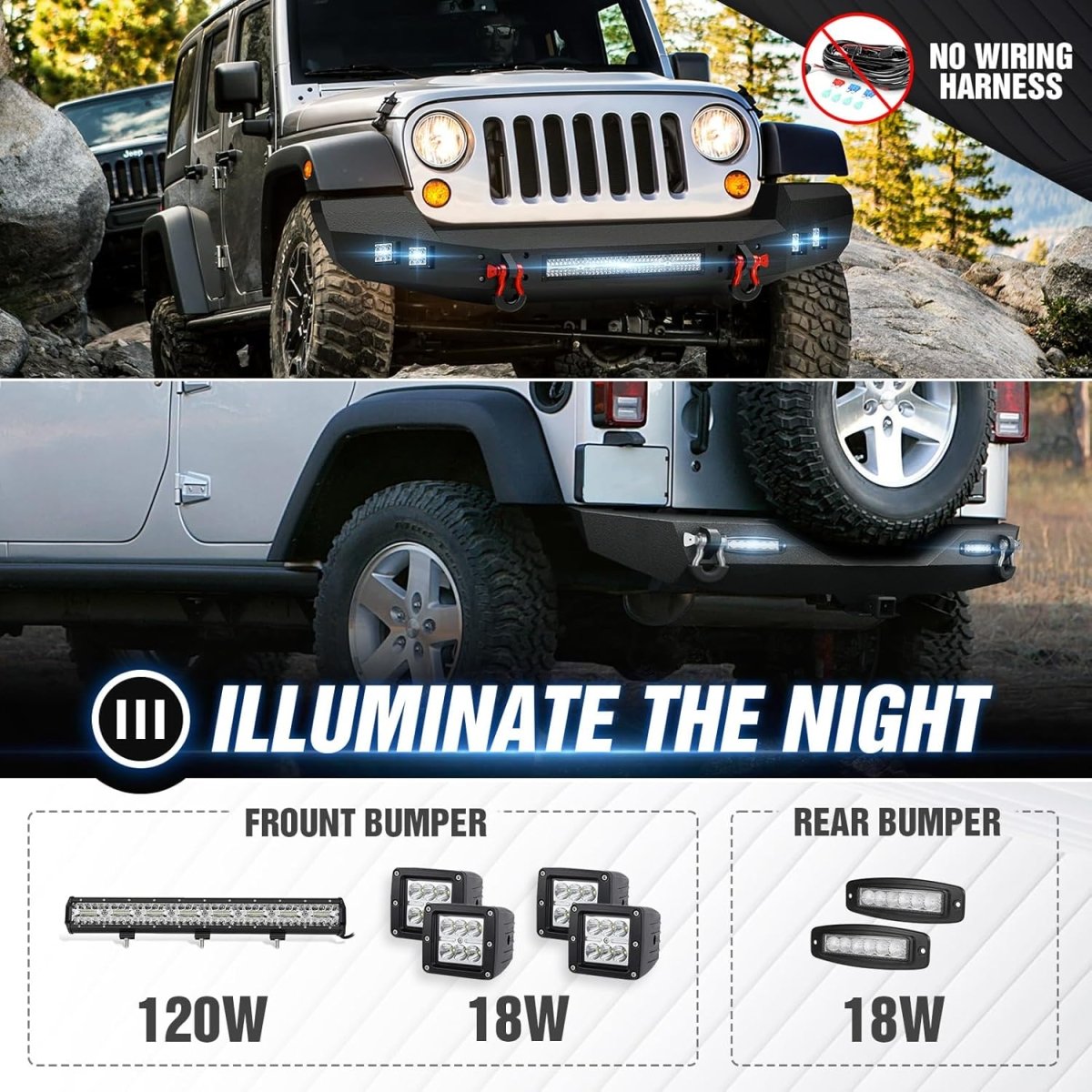 Full Width Front & Rear Bumper for 2016 Jeep Wrangler Compatible with 2007-2018 Jeep Wrangler JK JKU Unlimited | Yzona