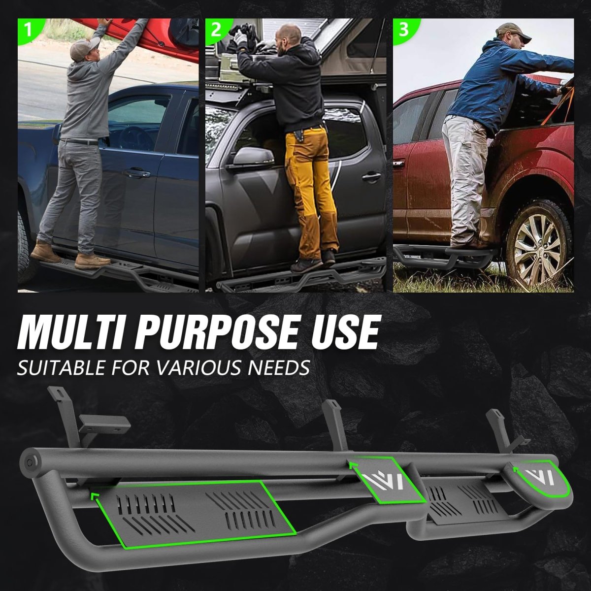 Two Raised Steps Quad Cab Nerf Bar Running Boards Compatible for 2002-2008 Dodge Ram 1500 | 2003-2009 Ram 2500 3500 | Yzona