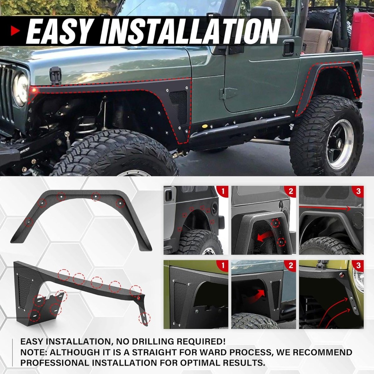 Yzona 1997-2006 Jeep Wrangler TJ & 2004-2006 Jeep Wrangler LJ Flat Front & Rear Fender Flares