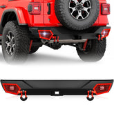 Yzona Rear Bumper Accessory for 2018-2026 Jeep Wrangler JL JLU Unlimited (2/4 Doors) Vehicle, Paintable Armor, 18W LED Lights, 2-inch Receiver Hitch, 4.75-ton Capacity D-Rings, Bolt-on Installation, 65.35"d x 13.39"w x 9.45"h Car Exterior Accessory