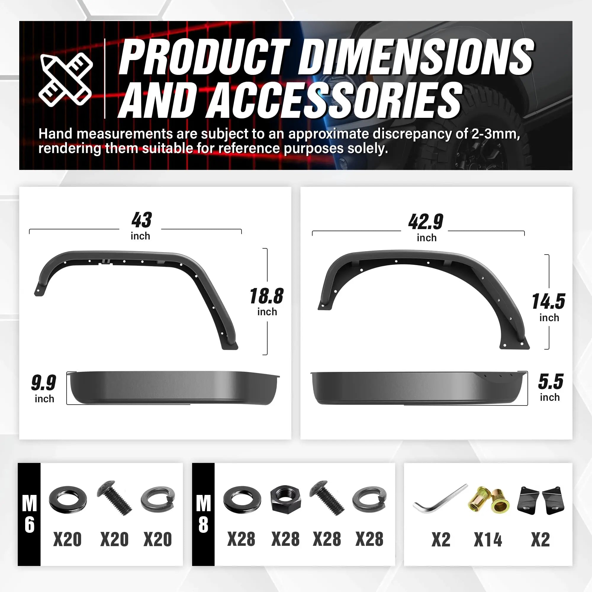 Jeep Gladiator Fender Flares for Pickup Compatible with 2018-2025 Jeep Wrangler JL JLU and Gladiator JT Unlimited 2/4 Doors