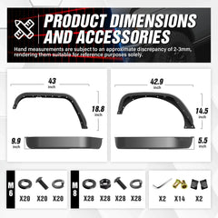 Jeep Gladiator Fender Flares for Pickup Compatible with 2018-2025 Jeep Wrangler JL JLU and Gladiator JT Unlimited 2/4 Doors