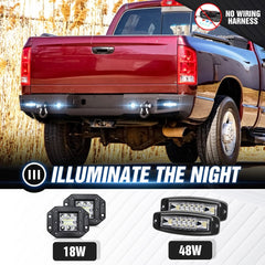 【Yzona】Full Width Rear Bumper Compatible with 2003-2005 Ram 2500 3500 with 2 x 42W and 2 x 48W LED Lights, Sensor Holes, Foot Pedal, Mesh Paintable Armor & 4.3-ton D-rings