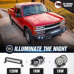 【YZONA】Full Width Front Bumper Compatible with Chevy C/K 1500 2500 1988-1998, 4x18W LED Lights, Heavy 4.3 Ton Rated Steel D-Rings, Wide Full Width Protective Bumper