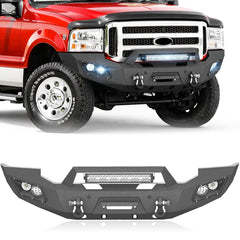 YZONA Full Width Front Bumper Compatible with F250-F450 2005-2007, 4x18W LED Light Bar, Winch Plate, Sensor Holes, 4.3t Load Rated Heavy D-Rings