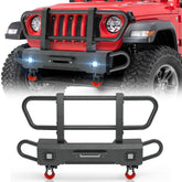 【Yzona】Carbon Steel Front Bumper with Grille Guard, Corrosion Resistance for 2018-2025 Gladiator JT, Automotive Car Accessories, Bolt-On Off-Road Auto Parts, Winch Plate, 2pcs 18W High-Brightness LED Lights, 2pcs 3/4"-D-Rings
