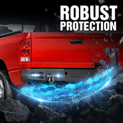 【Yzona】Full Width Rear Bumper Compatible with 2003-2005 Ram 2500 3500 with 2 x 42W and 2 x 48W LED Lights, Sensor Holes, Foot Pedal, Mesh Paintable Armor & 4.3-ton D-rings