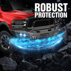 【YZONA】Steel Front Bumper Compatible with Ram 2500 3500 2019-2025, Winch Plate, Skid Plate, LED Lights, Sensor Holes, License Bracket & Reinforced D-Rings