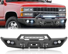 【YZONA】Full Width Front Bumper Compatible with Chevy C/K 1500 2500 1988-1998, 4x18W LED Lights, Heavy 4.3 Ton Rated Steel D-Rings, Wide Full Width Protective Bumper
