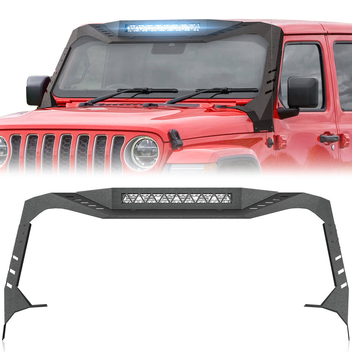 【YZONA】Windshield Frame Compatible for 2018-2026 Wrangler JL & Gladiator JT, Not for JL 4xe & JT Mojave. Built-in LED Bar & Sun Visor, Heavy-Duty Front Windscreen Rack Protector. No Drilling Install