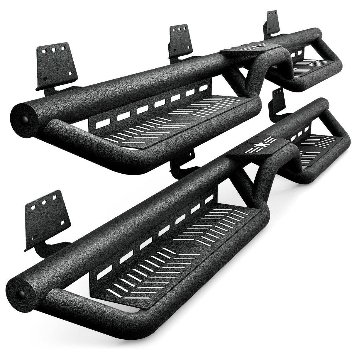 【Yzona】Crew Cab Running Boards Side Steps - Heavy Duty Carbon Steel Dual Layer Nerf Bars, Bolt-On Step Rails with 2 Stairs, Star Logo Black, Compatible with 2019-2026 Dodge Ram 1500 New Body Design, Enhance Traction & Easy Access to Roof