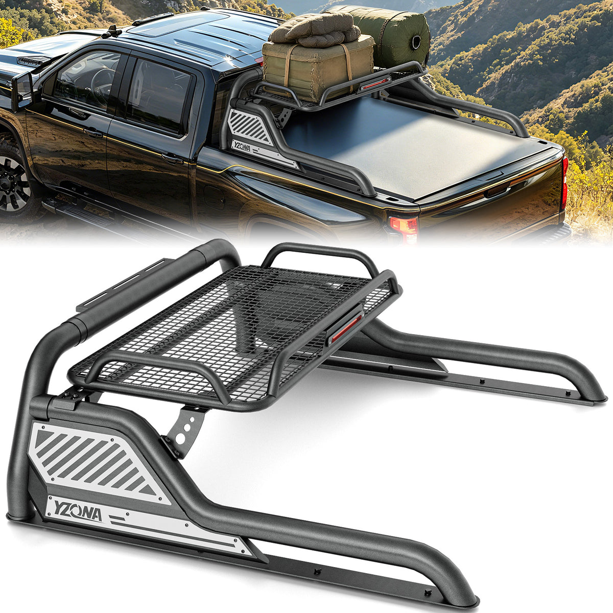 Yzona Adjustable Sport Roll Bar for Trucks, Carbon Steel with Built-in Cargo Basket & Brake Light, 56”-64” Fit, 660lbs Capacity, Compatible with Tacoma, Tundra, Frontier, Ridgeline, Titan, Gladiator JT, Colorado, Canyon & Universal Truck Beds