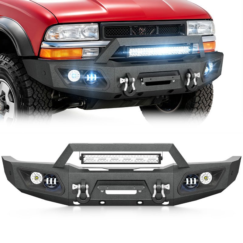 YZONA Steel Front Bumper Compatible with 1994-2004 Chevy S10& 1995-2005 Chevy Blazer, Winch Plate, Skid Plate, LED Lights, Sensor Holes, License Bracket & Reinforced D-Rings